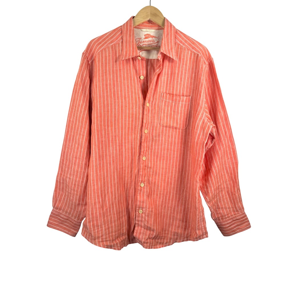 Tommy Bahama Button Down Shirt M Coral Striped Linen Beach Island Style